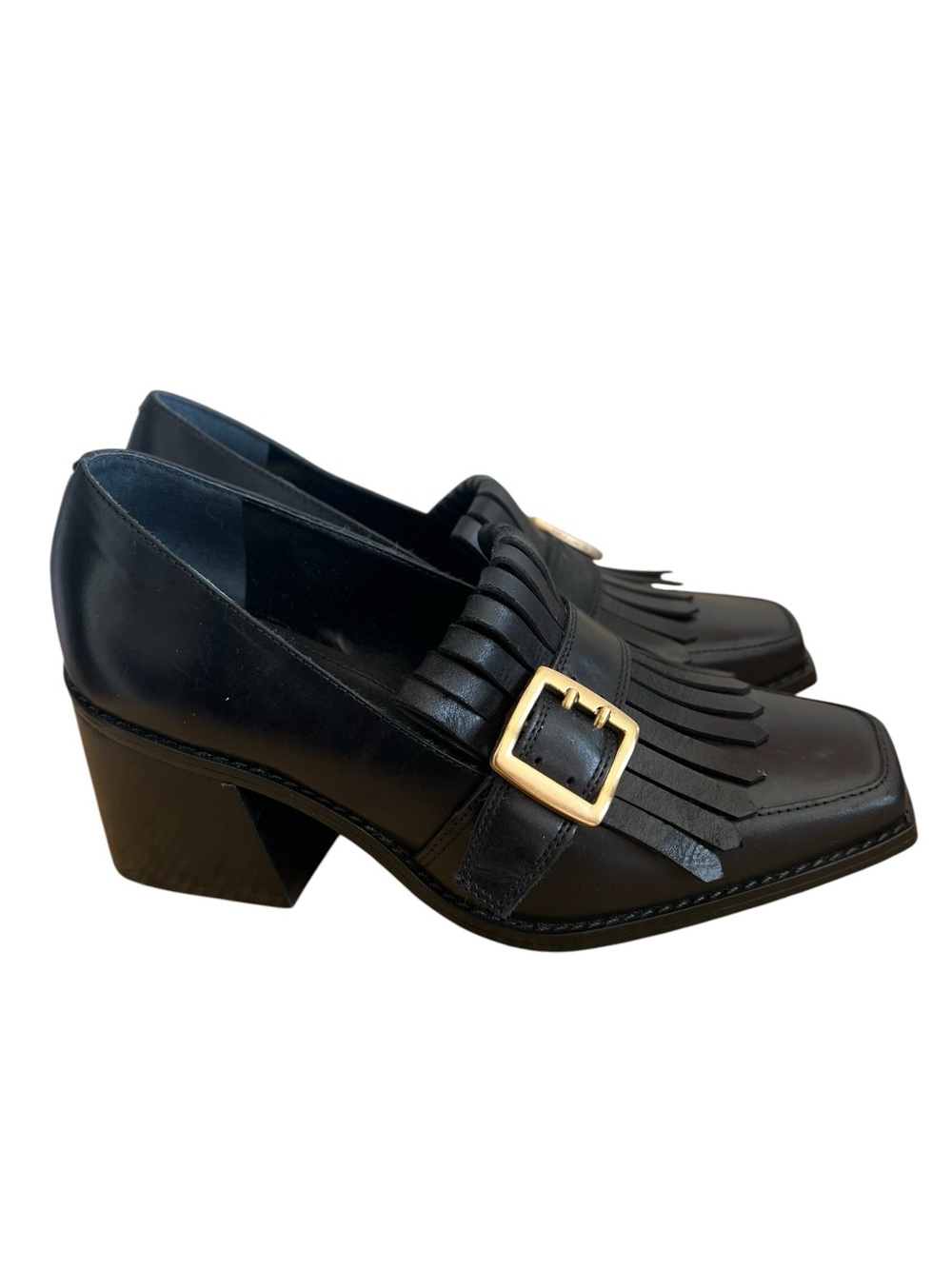 Vince Camuto Black Leather Fringe Loafers with Gold Buckles - Picture 2 of 7